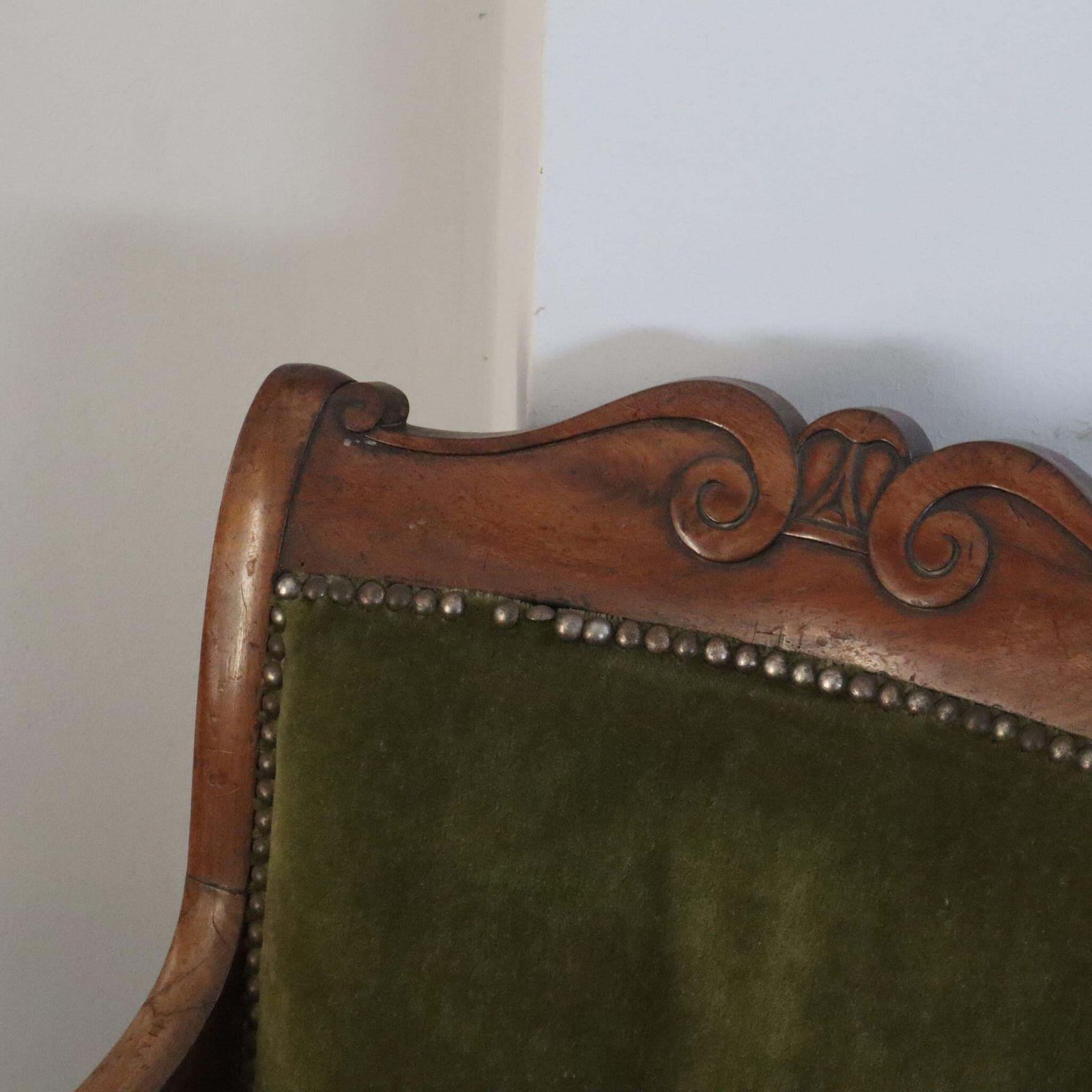 Pair Of French Antiques Armchairs In Walnut And Green Fabric 19th Century photo for sale