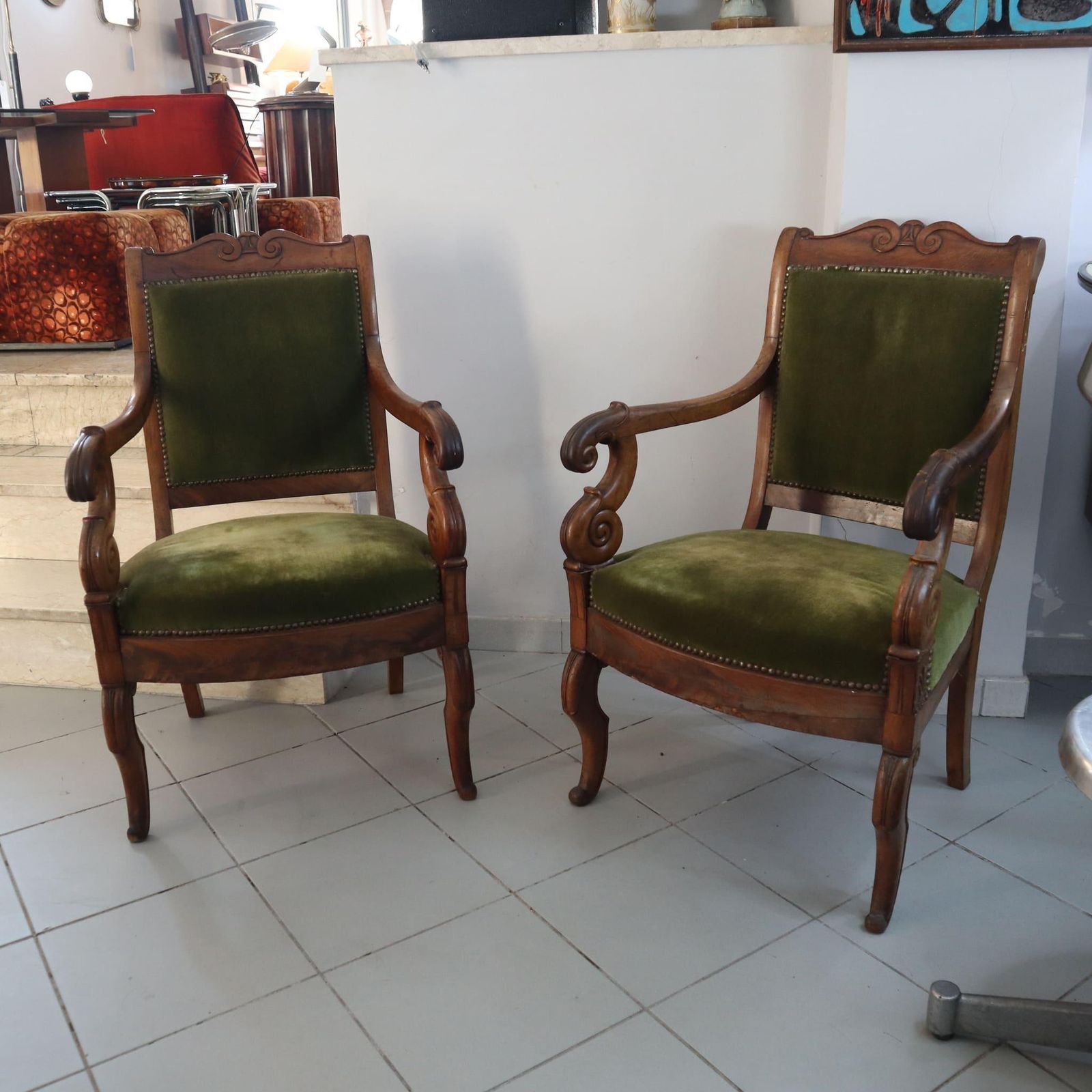 Pair Of French Antiques Armchairs In Walnut And Green Fabric 19th Century photo Furniture