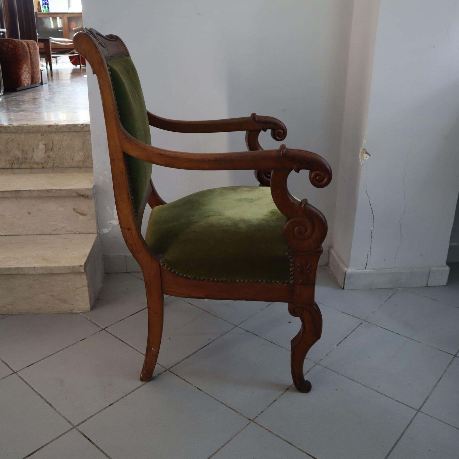 Pair Of French Antiques Armchairs In Walnut And Green Fabric 19th Century photo vinterior