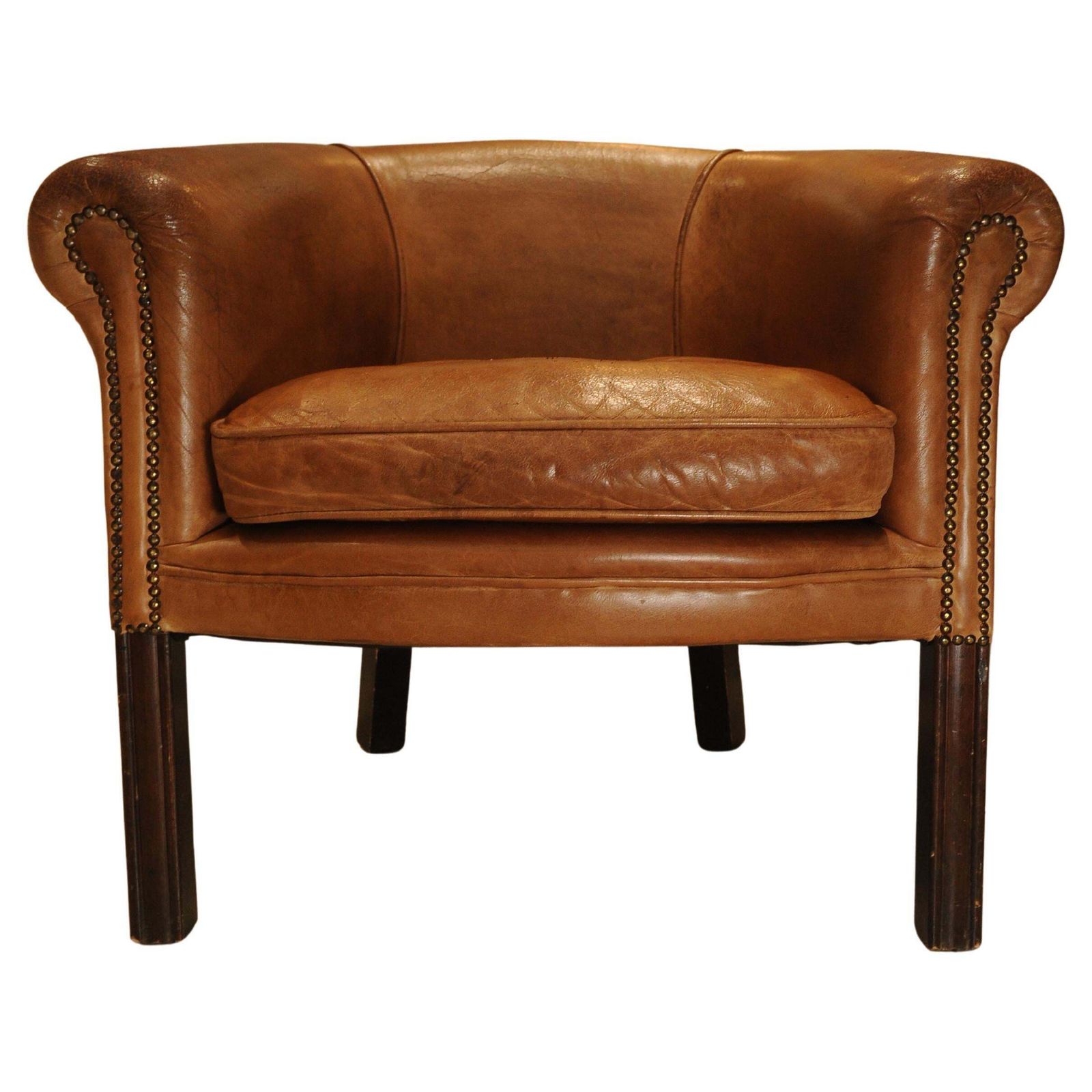 An Art Deco Design Dark Tan Leather Tub Chair With Piping Finishing Brass Tacks Beech Squared Legs British Made Ol photo furniture