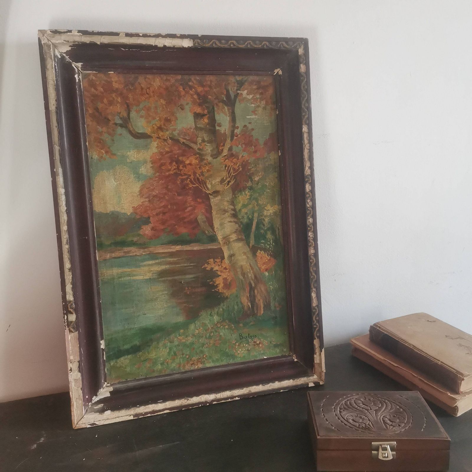 Captivating Antique Painting: Hungarian Artist, Nature's Autumn Splendor, Chippy Frame   A Timeless Masterpiece"