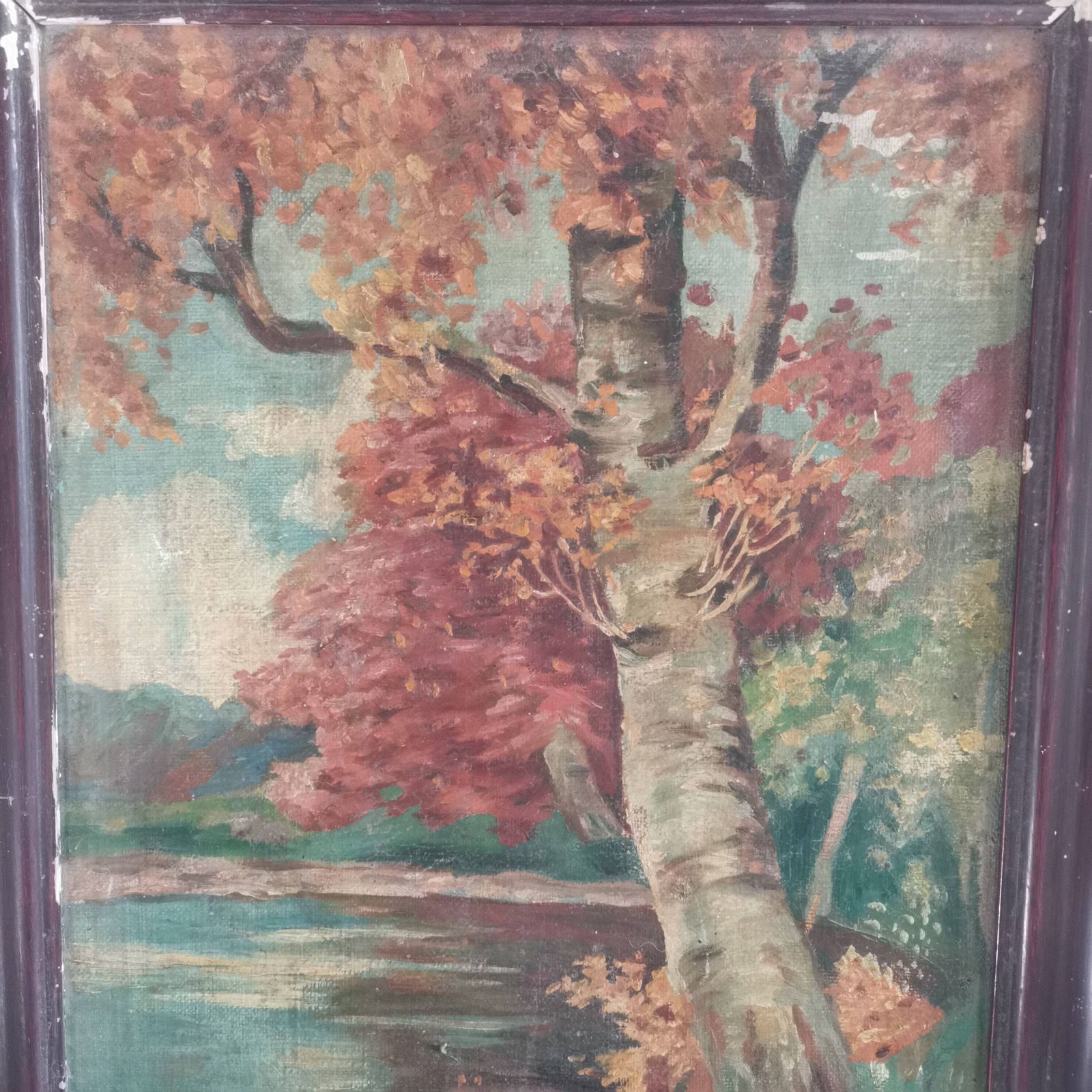 Captivating Antique Painting: Hungarian Artist, Nature's Autumn Splendor, Chippy Frame   A Timeless Masterpiece" photo for sale