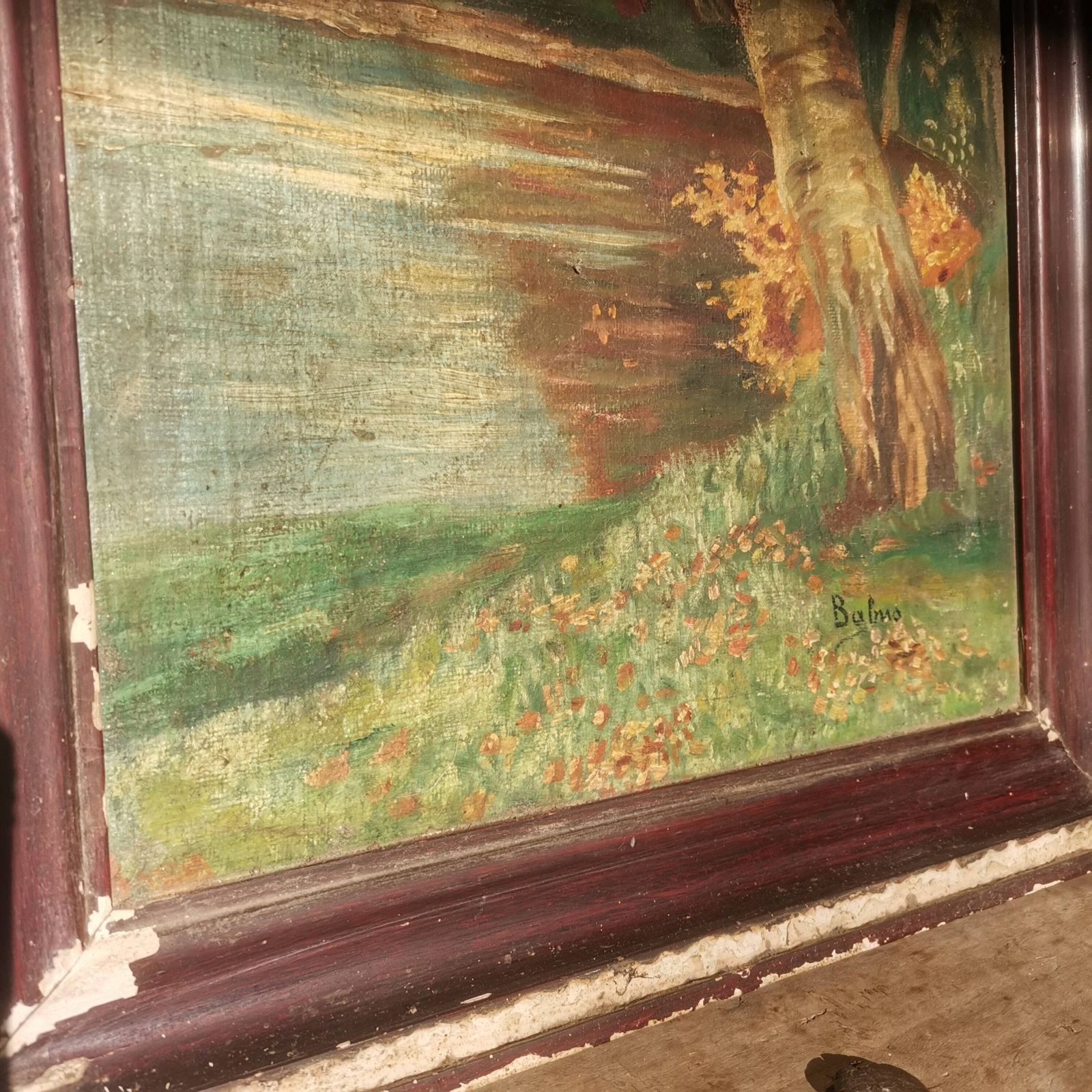 photo furniture Captivating Antique Painting: Hungarian Artist, Nature's Autumn Splendor, Chippy Frame   A Timeless Masterpiece"
