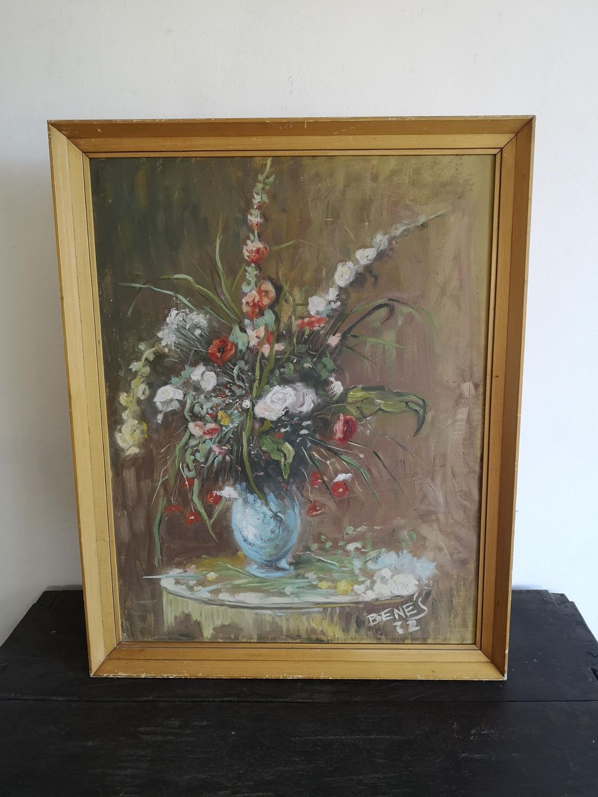 Res Painting Beautiful Soft Art Of Violet Flowers In Vase Signed Acrylic On Paper 1950. Shabby Gold Frame Rustic photo furniture