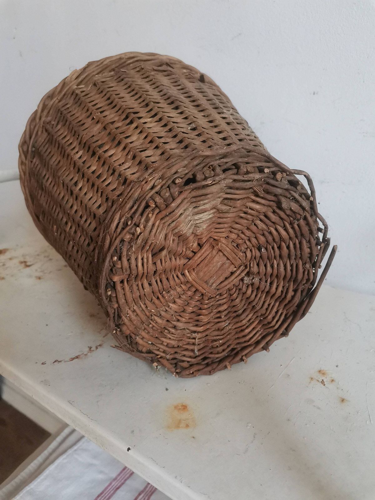 Weaved Wicker Wine Bottle Demijon Antique Primitive, Hand Made. Decorative Rustic 100 Yrs Old Garden Decor Hand Blown Glass photo for sale
