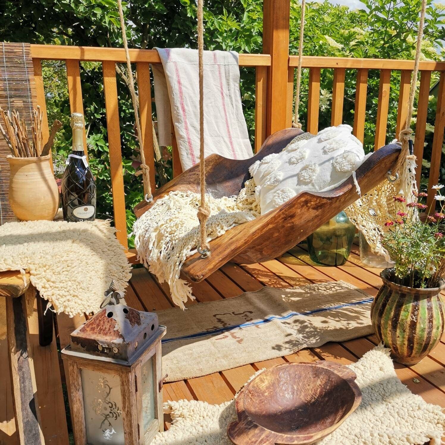 Dough Bowl Garden Swing. Garden Furniture. Unique Seating Outdoors Hammok. Wooden Trough photo Home Decor