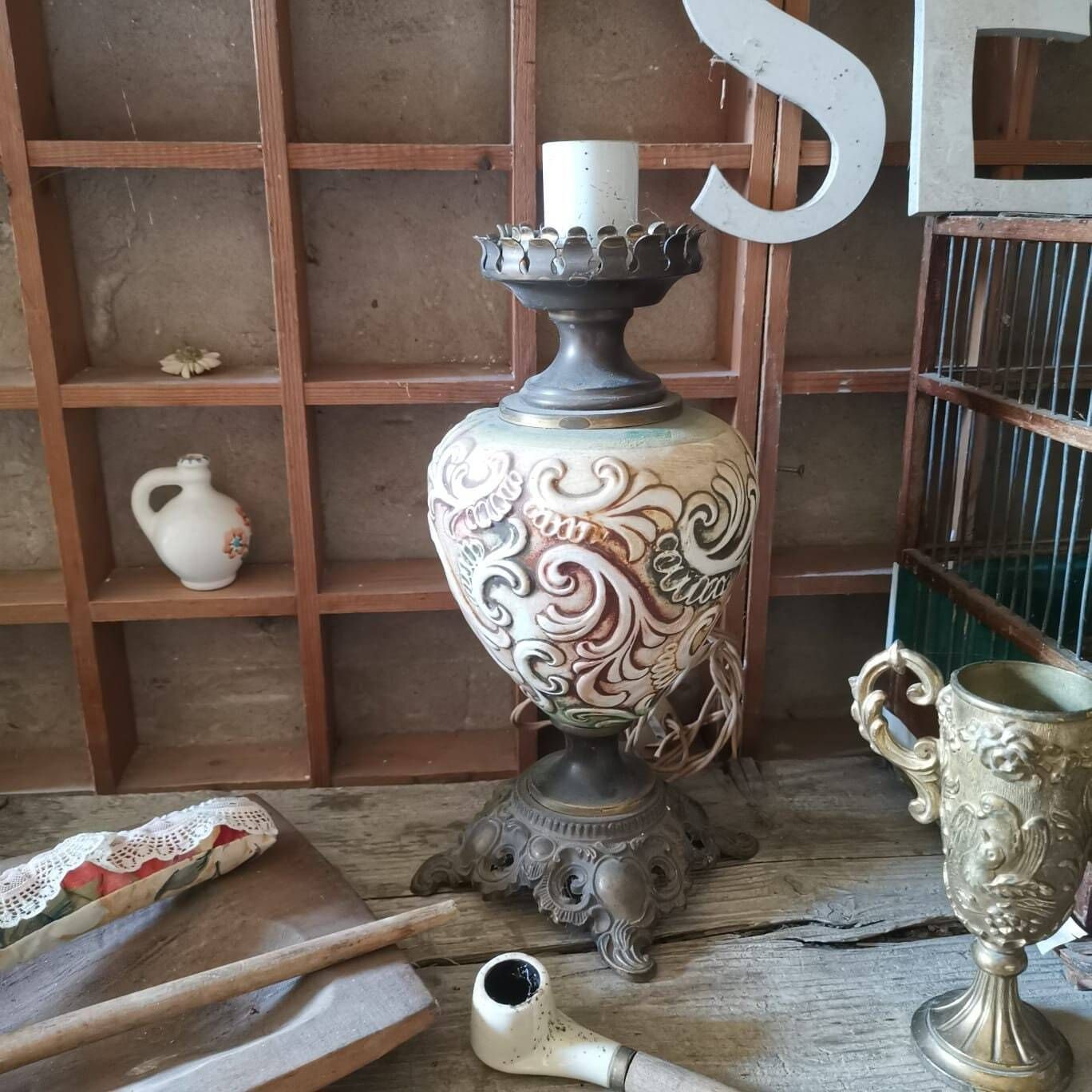 Vintage Beautiful Porcelain And Brass Decorative Lamp In Baroque Style