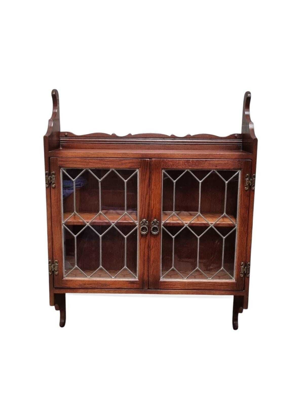Old Charm Wood Brothers / Oak Hanging Corner Cabinet / Carved Oak Leaded Glass Door / Tudor Brown Colour / Dated 1970s photo buy
