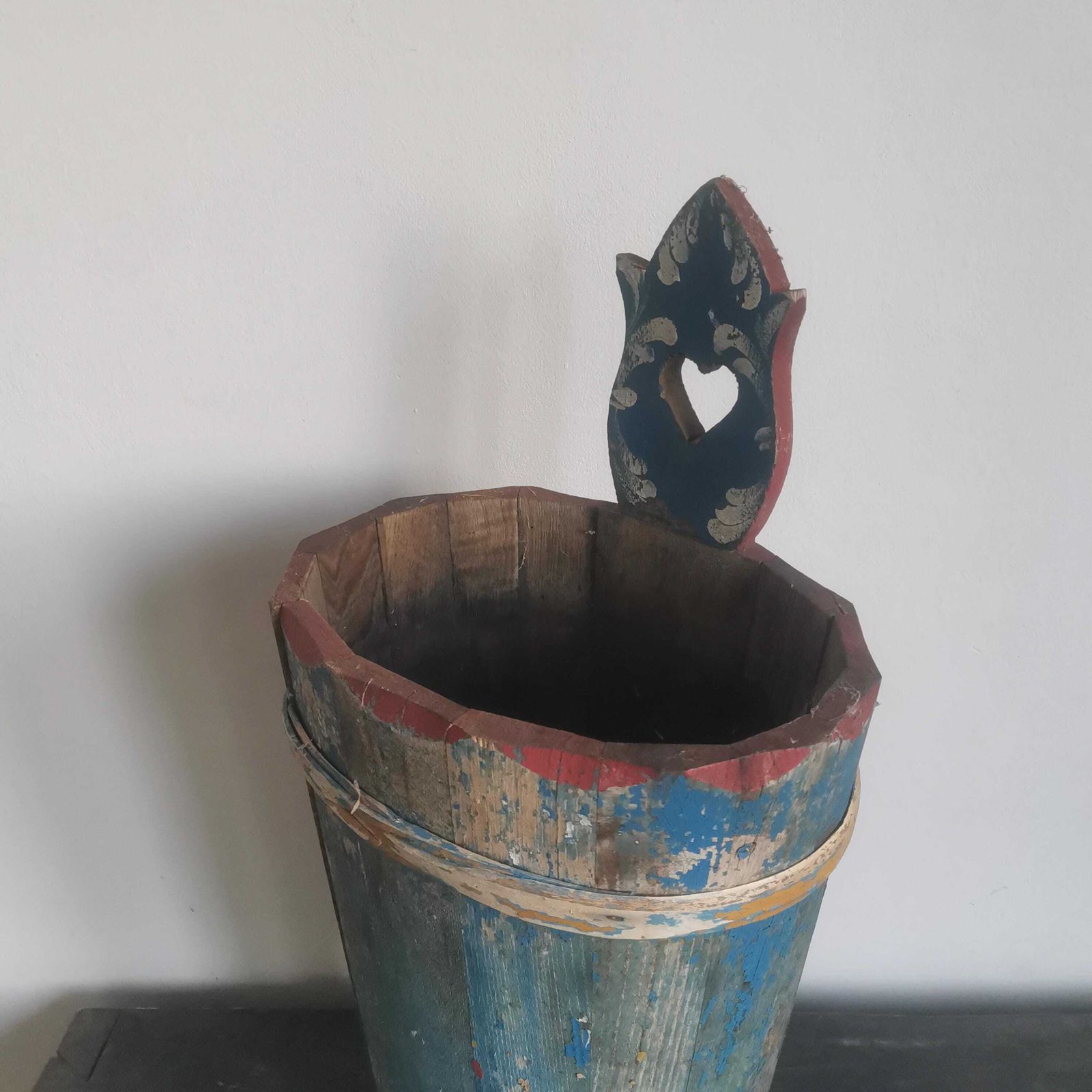 Antique French Rustic Umbrella Wooden Bucket. Hand Painted Water Well Pot. Hand Crafted C1940s Rare And Unique. photo Home Decor