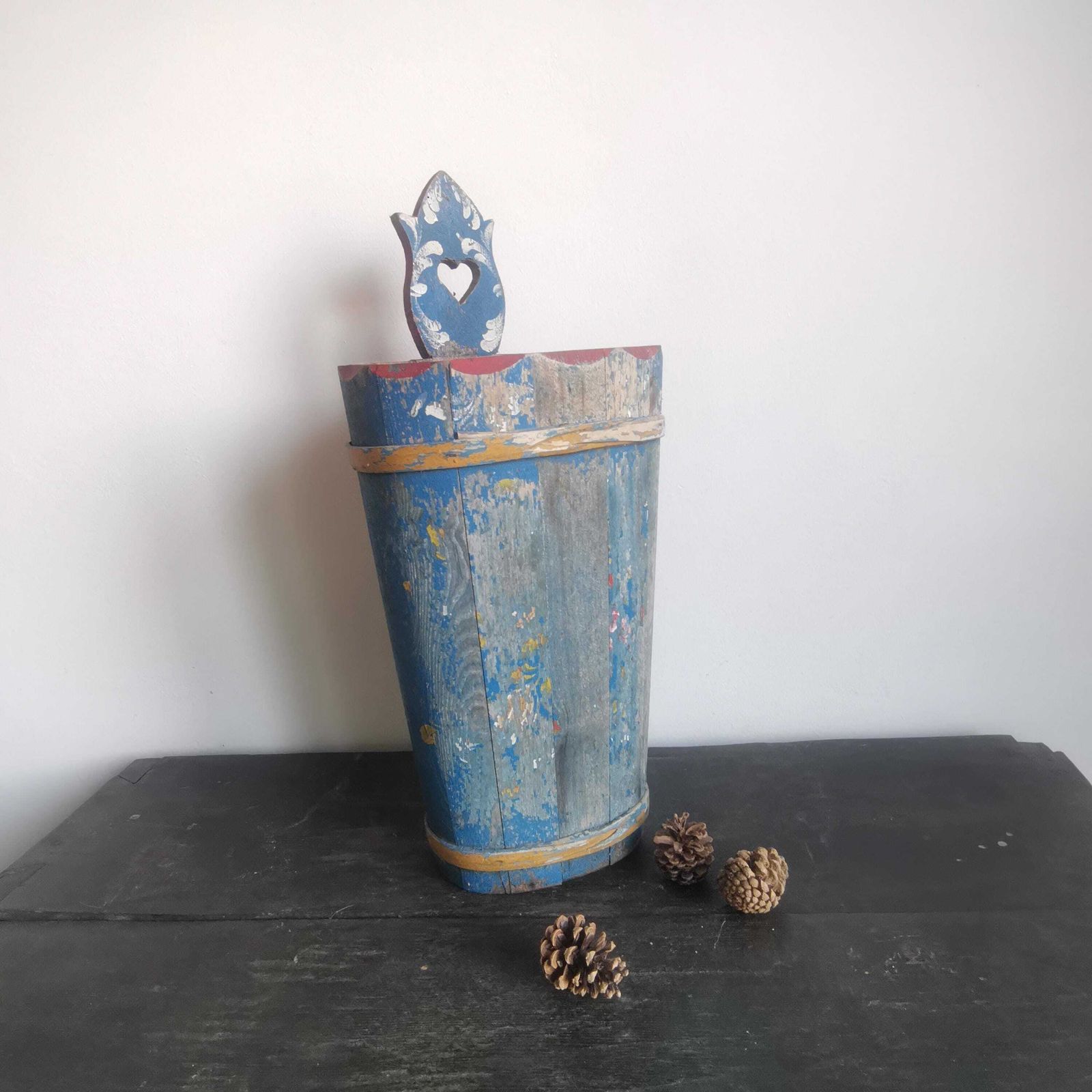 photo for sale Antique French Rustic Umbrella Wooden Bucket. Hand Painted Water Well Pot. Hand Crafted C1940s Rare And Unique.