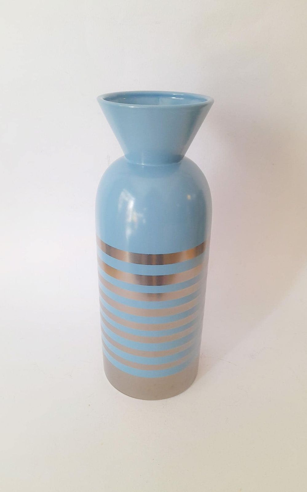 Xxl Ceramic Vase Totem Stripes Blue Silver Pop Art Design Memphis Era photo for sale