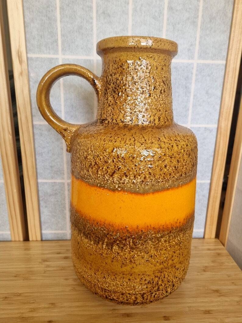 Scheurich West German Vase | Large Orange Striped Pottery | Mid Century Modern Ceramic | 1970s Floor Vase | 15 Inch Handcrafted photo for sale