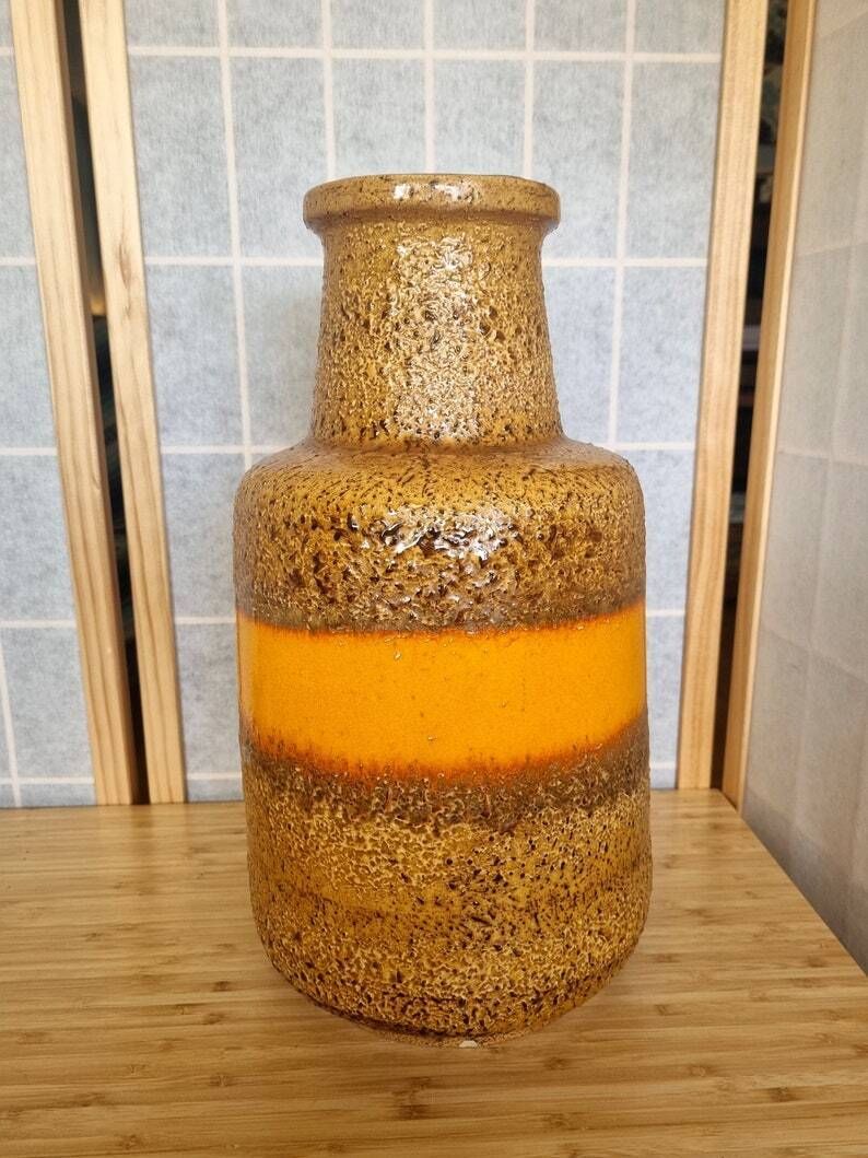 Scheurich West German Vase | Large Orange Striped Pottery | Mid Century Modern Ceramic | 1970s Floor Vase | 15 Inch Handcrafted photo Home Decor