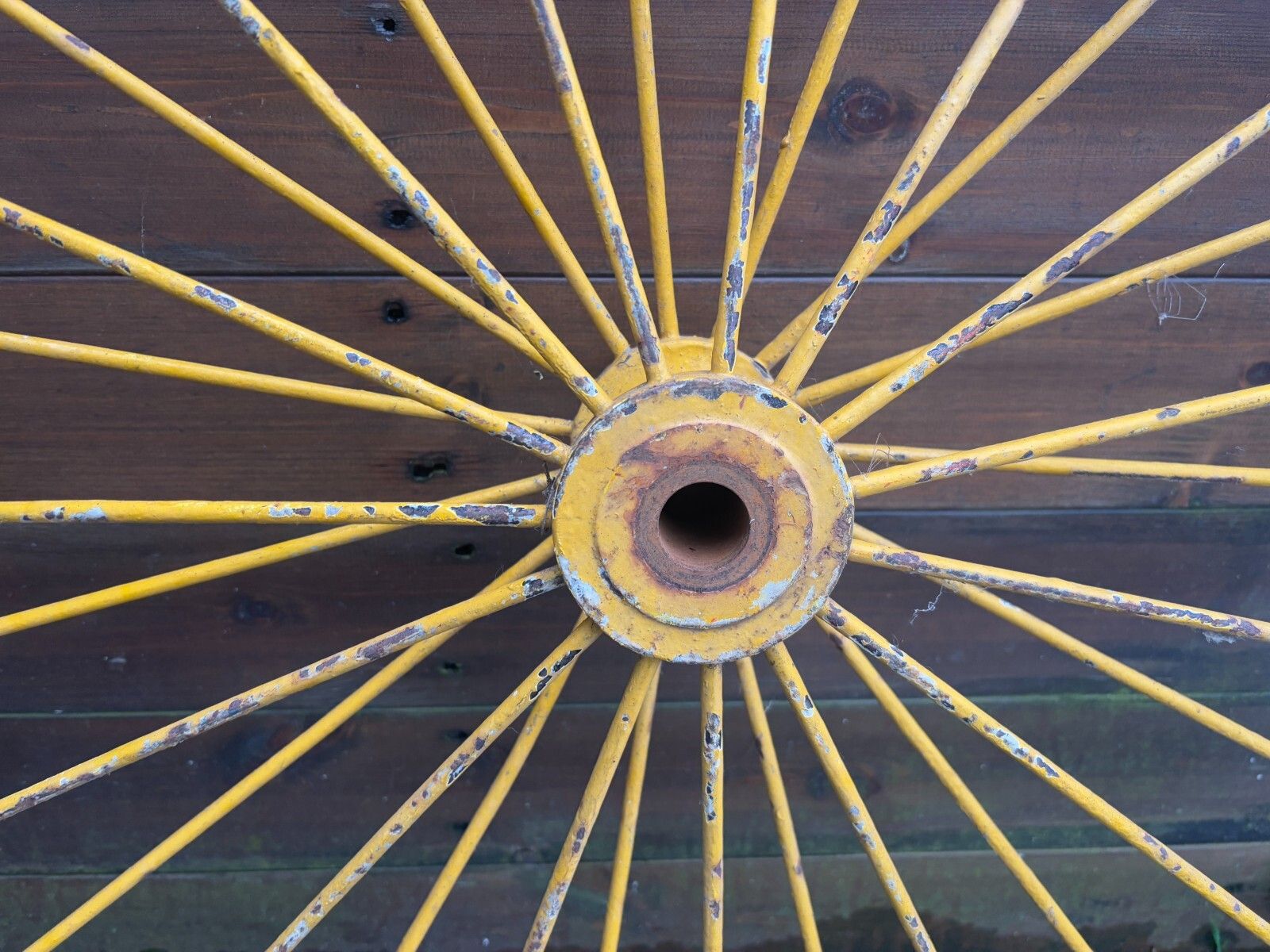 Pair Of Large Antique Yellow Metal Spoked Cartwheels With Vulcanised Tyres photo vinterior
