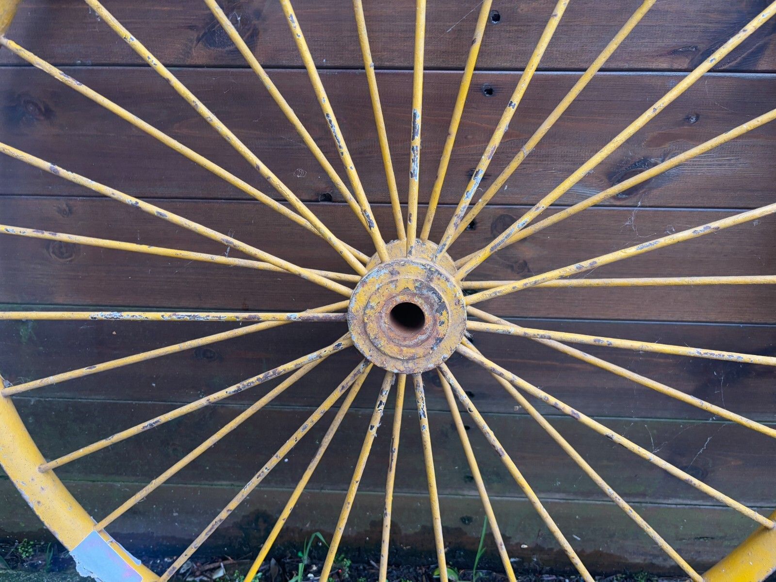 Pair Of Large Antique Yellow Metal Spoked Cartwheels With Vulcanised Tyres photo buy