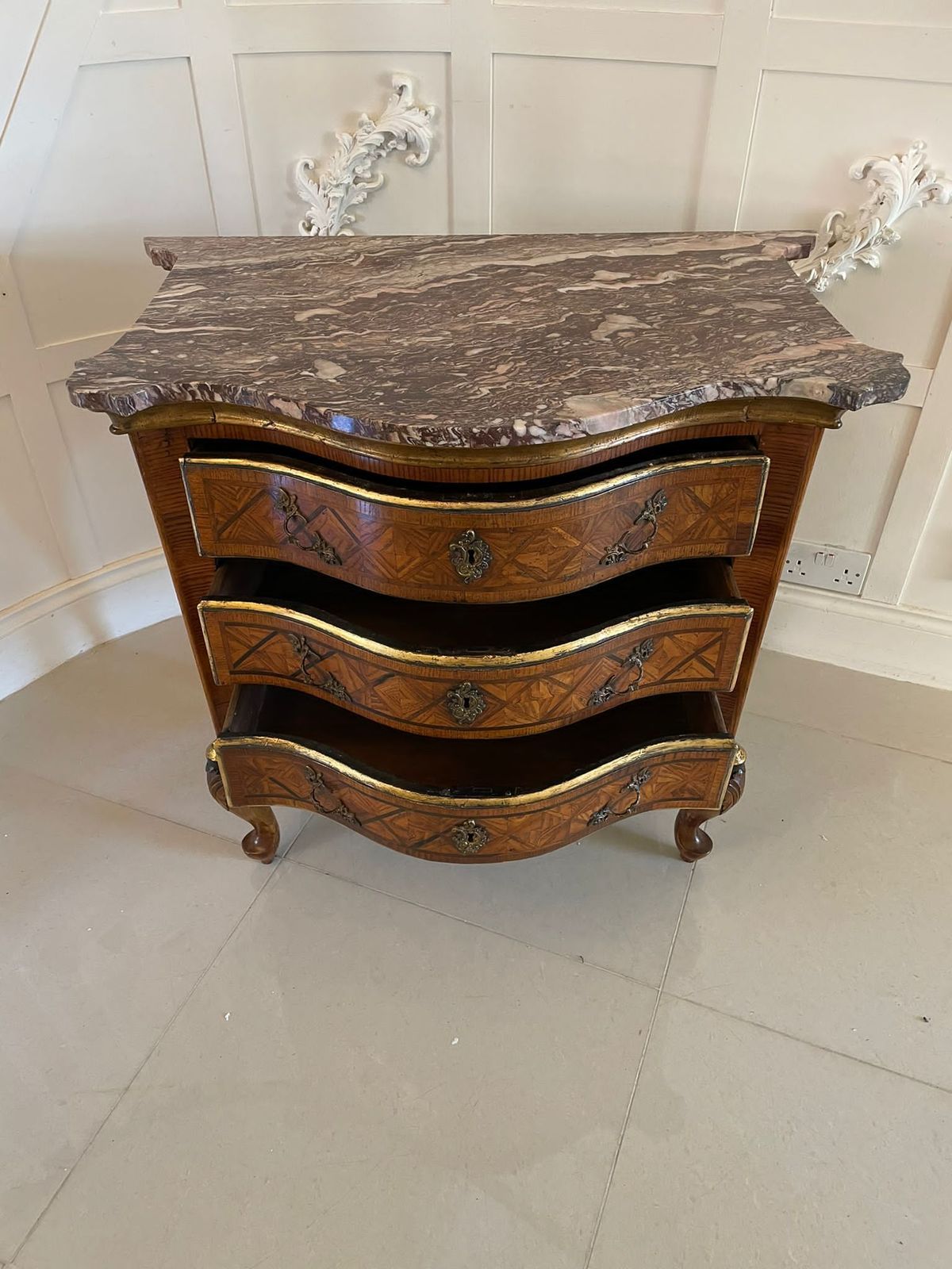 Antique 18th Century Quality Parquetry Inlaid Serpentine Shaped Marble Top Commode Chest photo for sale