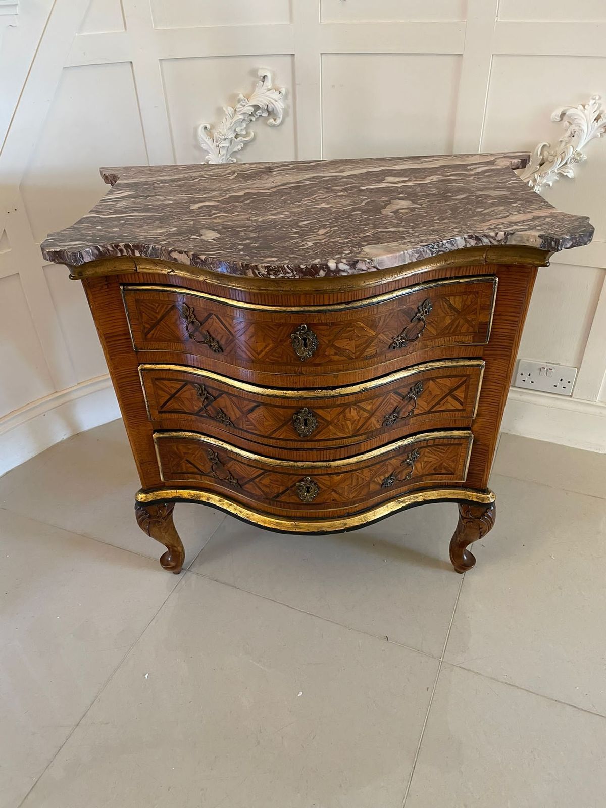Antique 18th Century Quality Parquetry Inlaid Serpentine Shaped Marble Top Commode Chest photo 2325.0