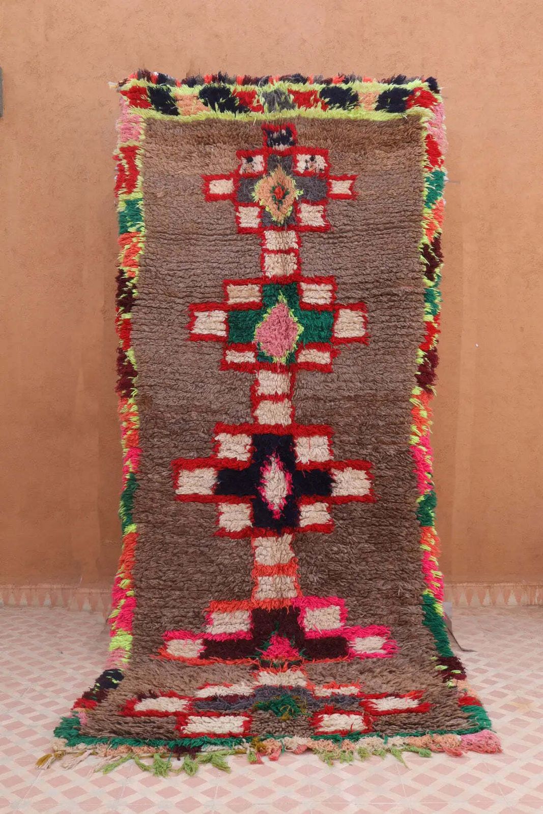 Azilal Berber Rug Brown Fluorescent Colorful Patterns   273 X 110 Cm