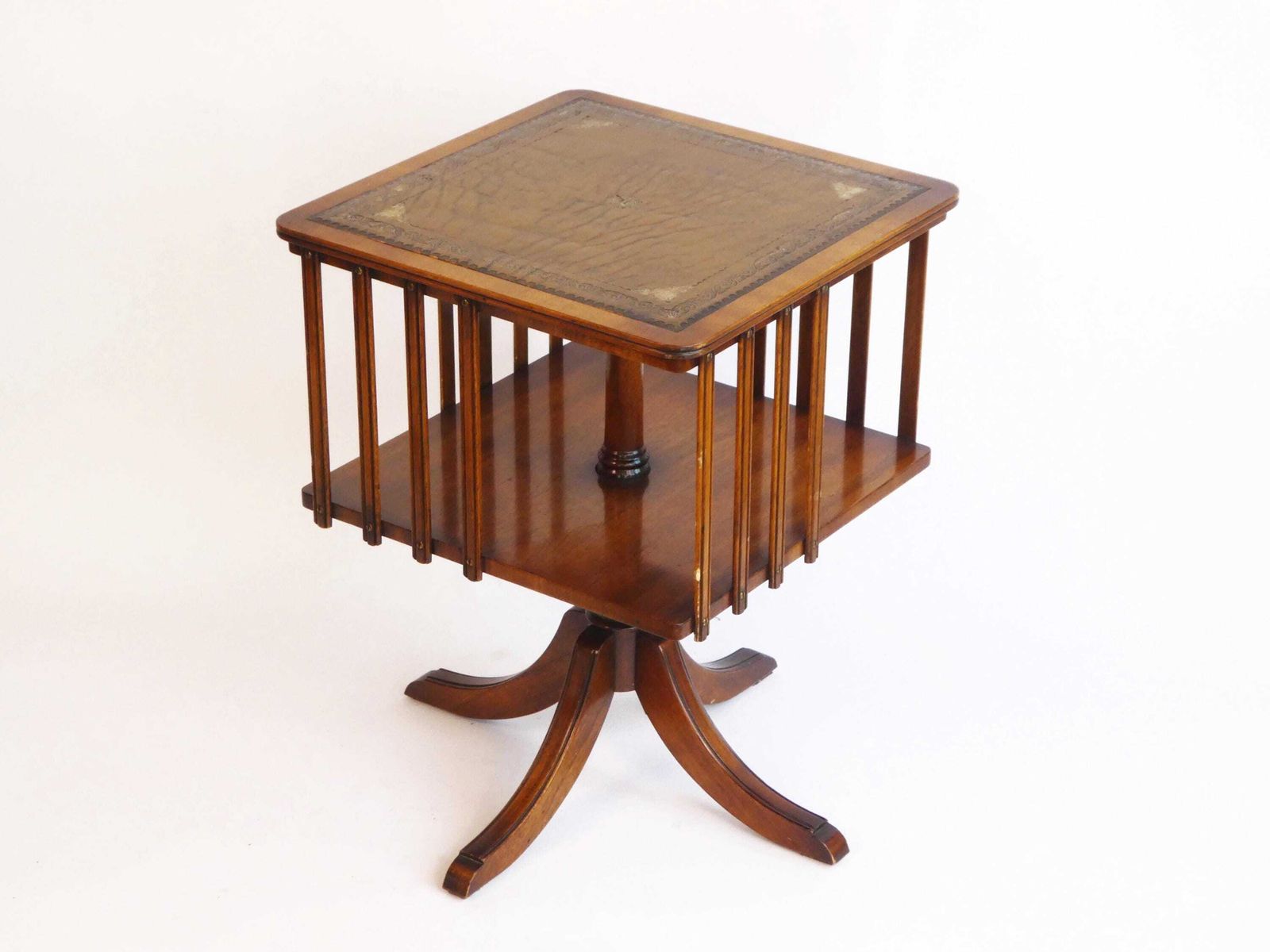 Revolving Victorian Bookcase With Leather, Edwardian Wooden Storage Cabinet, Wooden Inlaid English Bookshelf, Turning Table
