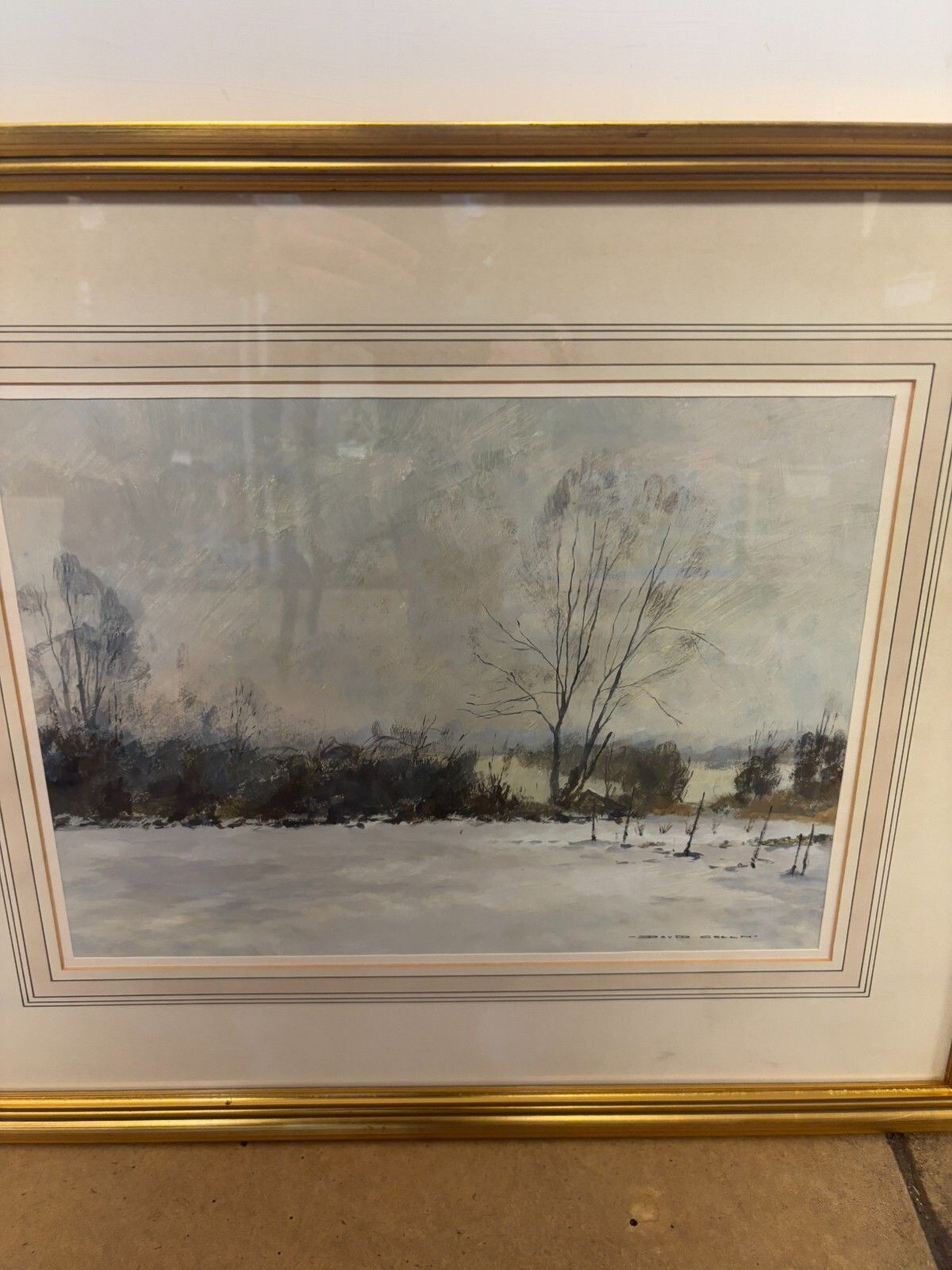 Original David Green Watercolour Painting Winter Landscape, Bedfordshire 1984 photo for sale