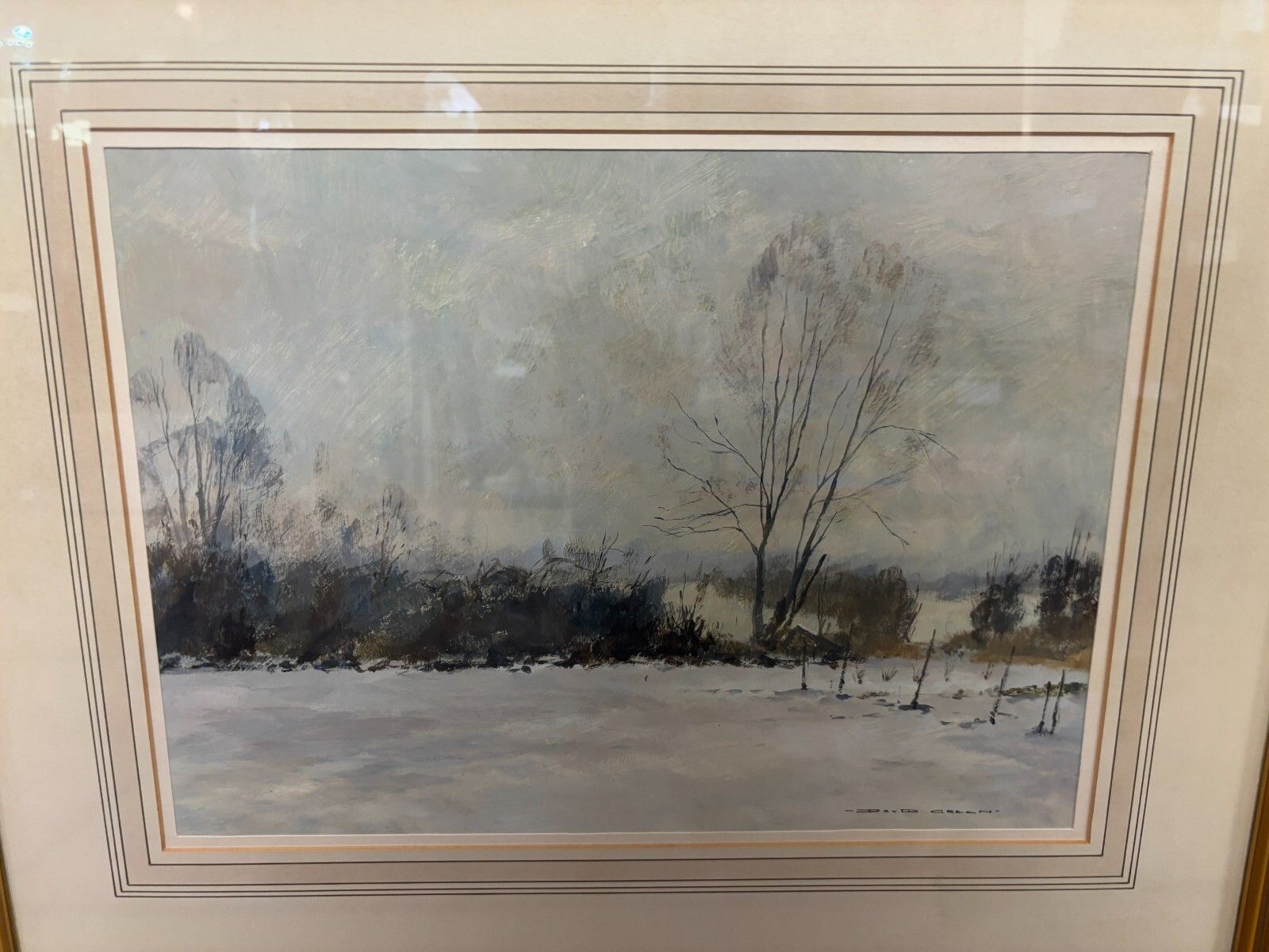 Original David Green Watercolour Painting Winter Landscape, Bedfordshire 1984 photo 130.0