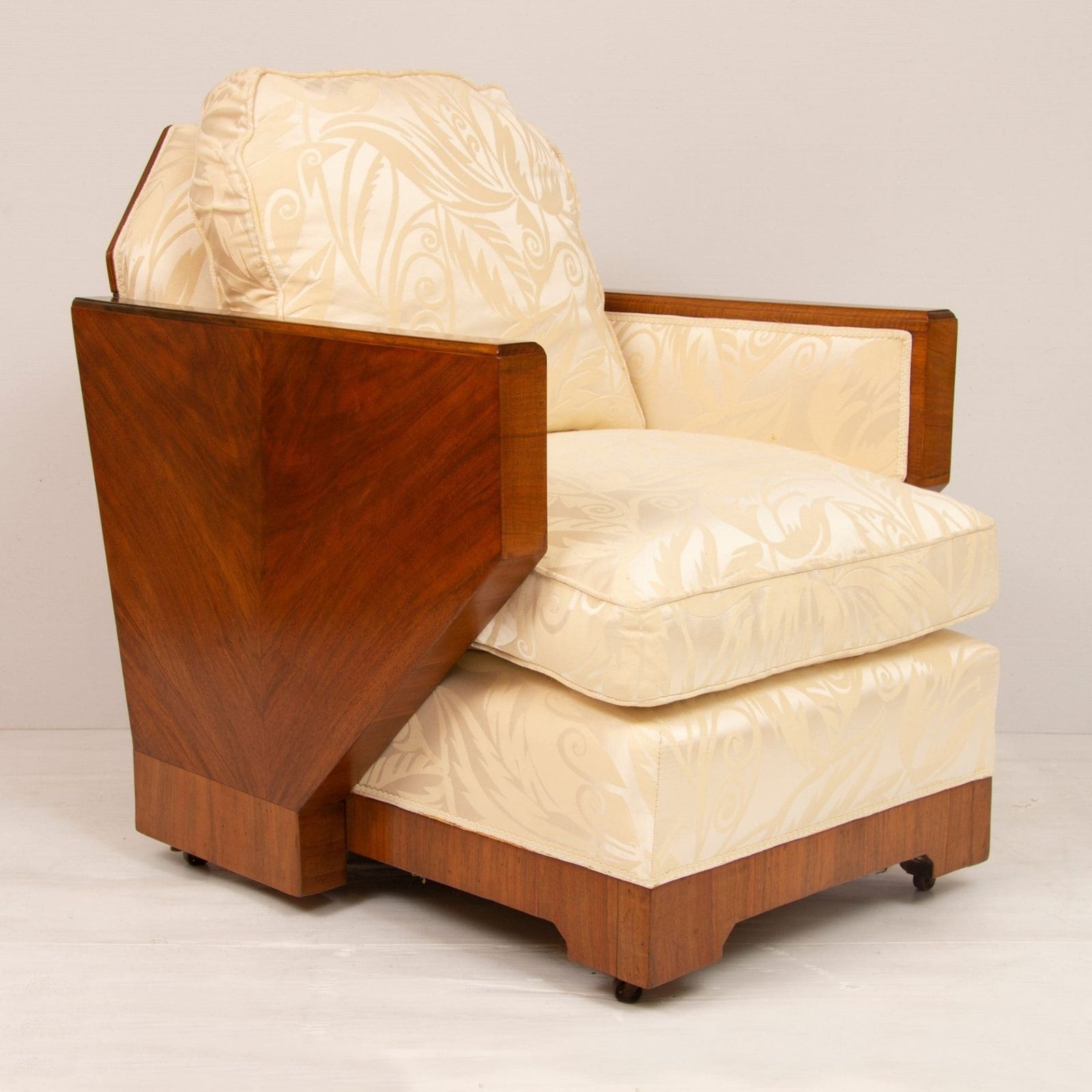 Art Deco Lounge Chairs Upholstered In Eggshell Damask Fabric C.1930 photo 6500.0