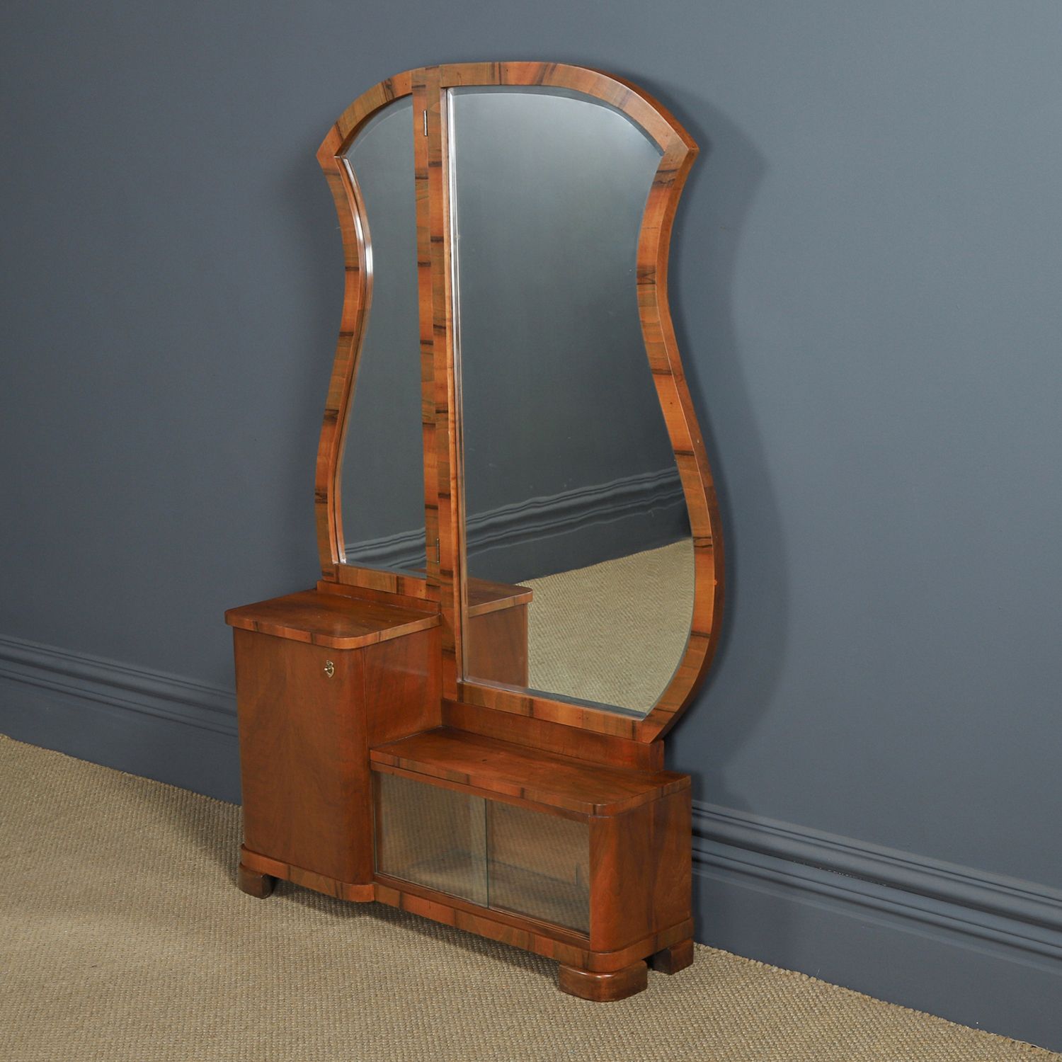 Continental Art Deco Walnut Pedestal Dressing / Vanity Table With Mirrors (Circa 1930) photo for sale