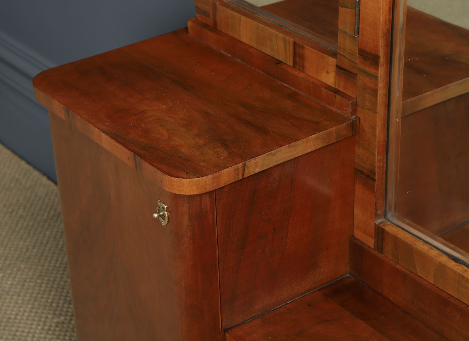 1745.0 Continental Art Deco Walnut Pedestal Dressing / Vanity Table With Mirrors (Circa 1930) photo