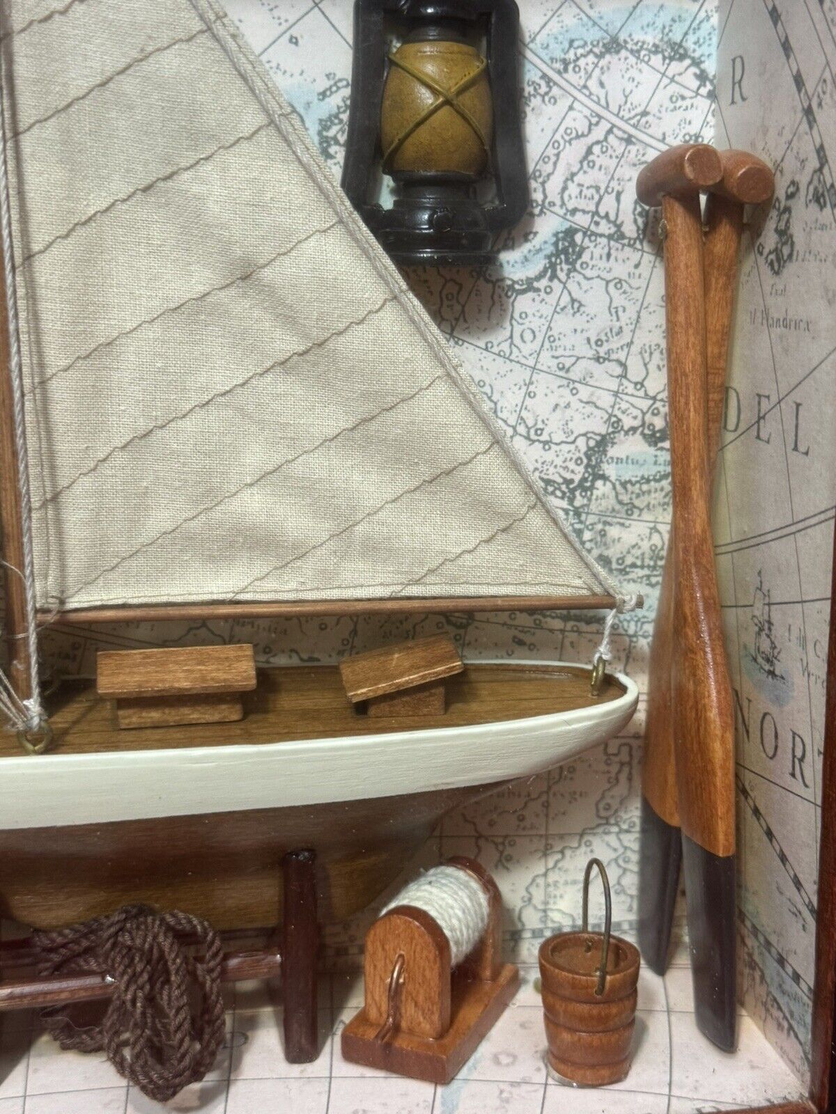 photo furniture Charming Vintage Sailing Boat Marine Diorama In Case C.1980