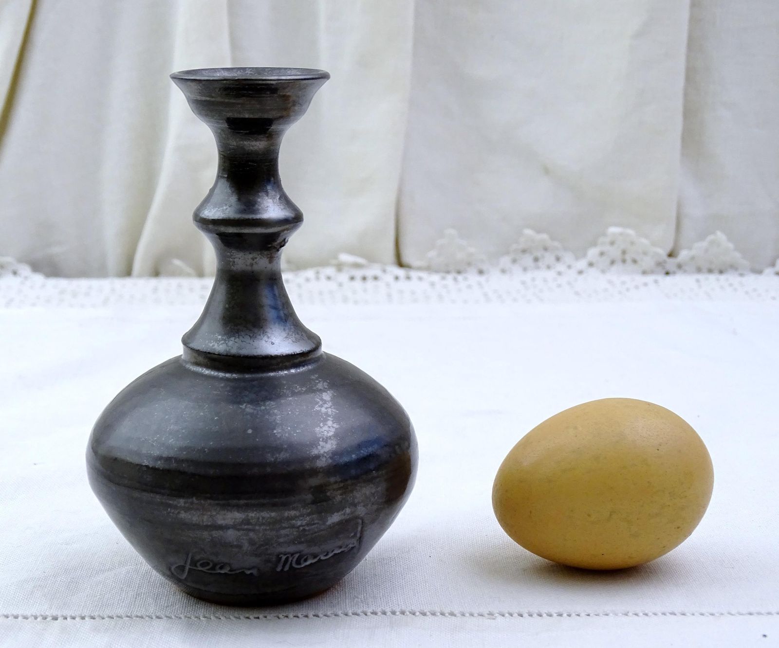 Small Vintage Mid Century Modern Jean Marais Studio Pottery Bud Vase With Black Irradissante Glaze From Vallauris, Retro Mcm 1960s China photo vinterior