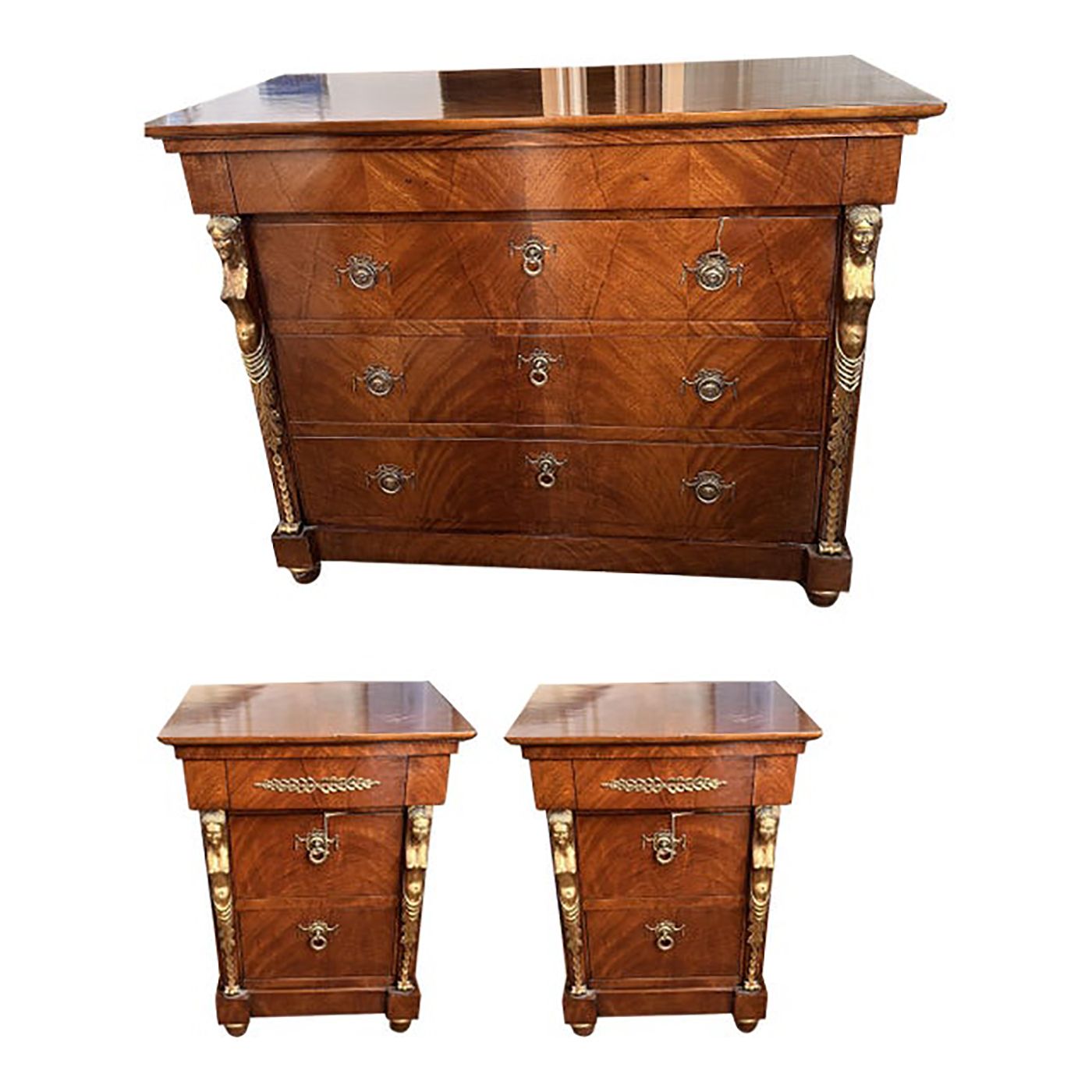 1990s Italian Set Of 3 Chest Of Drawers And Two Bedside Tables With Gold Caryatids