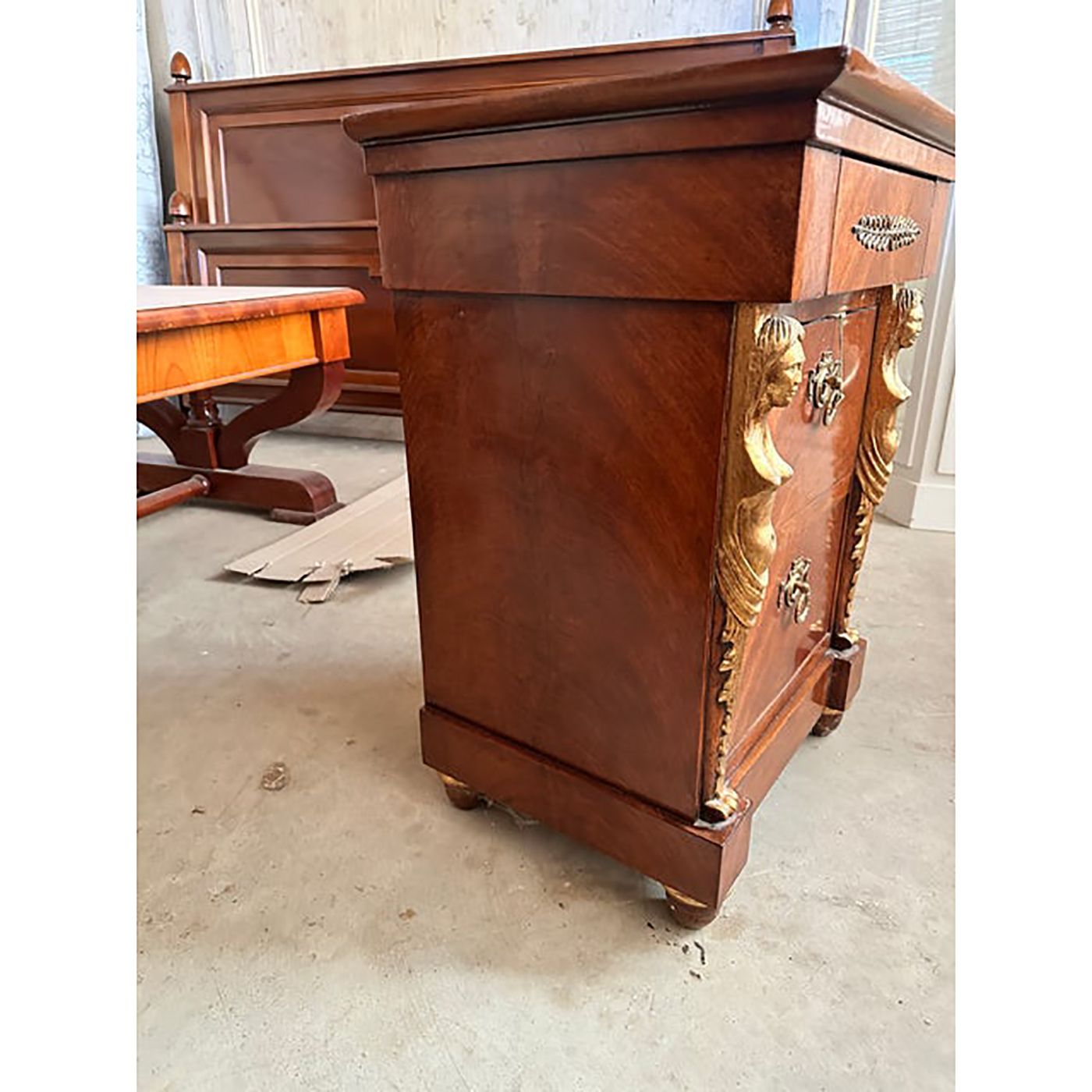photo furniture 1990s Italian Set Of 3 Chest Of Drawers And Two Bedside Tables With Gold Caryatids