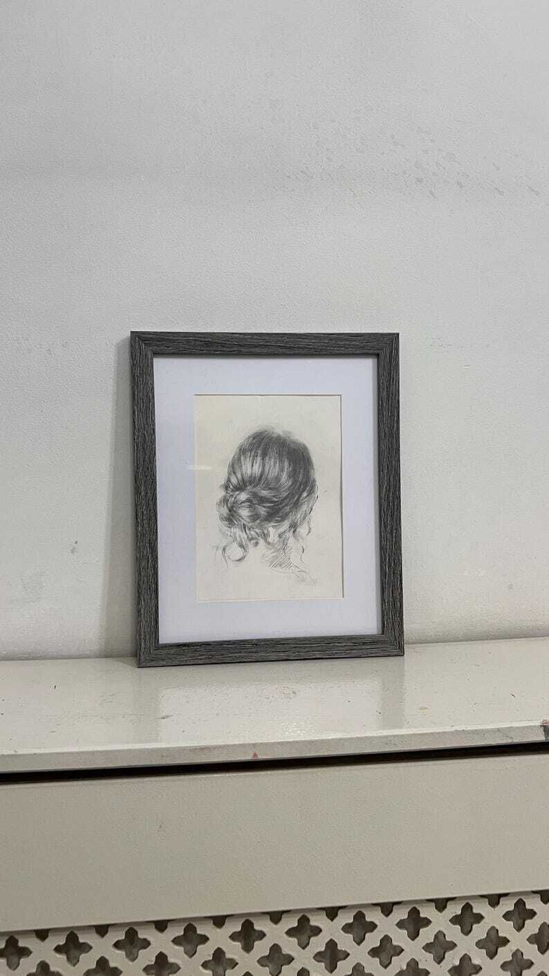 Contemporary Pencil Drawing Of Woman’s Hair In Loose Bun, Framed