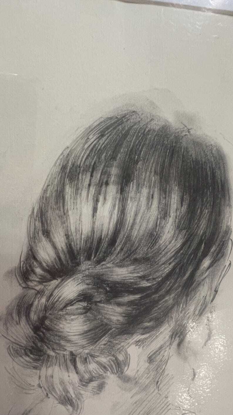Contemporary Pencil Drawing Of Woman’s Hair In Loose Bun, Framed photo 129.0