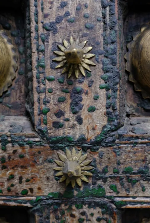 Antique Early 1900s Shekhawati Teak Wood Door With Brass Studs – Hand Carved Royal Indian Haveli Entrance photo for sale