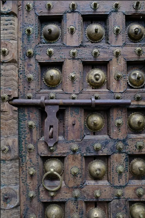 Antique Early 1900s Shekhawati Teak Wood Door With Brass Studs – Hand Carved Royal Indian Haveli Entrance photo Home Fixtures