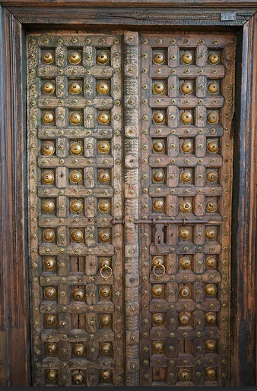 Antique Early 1900s Shekhawati Teak Wood Door With Brass Studs – Hand Carved Royal Indian Haveli Entrance photo buy