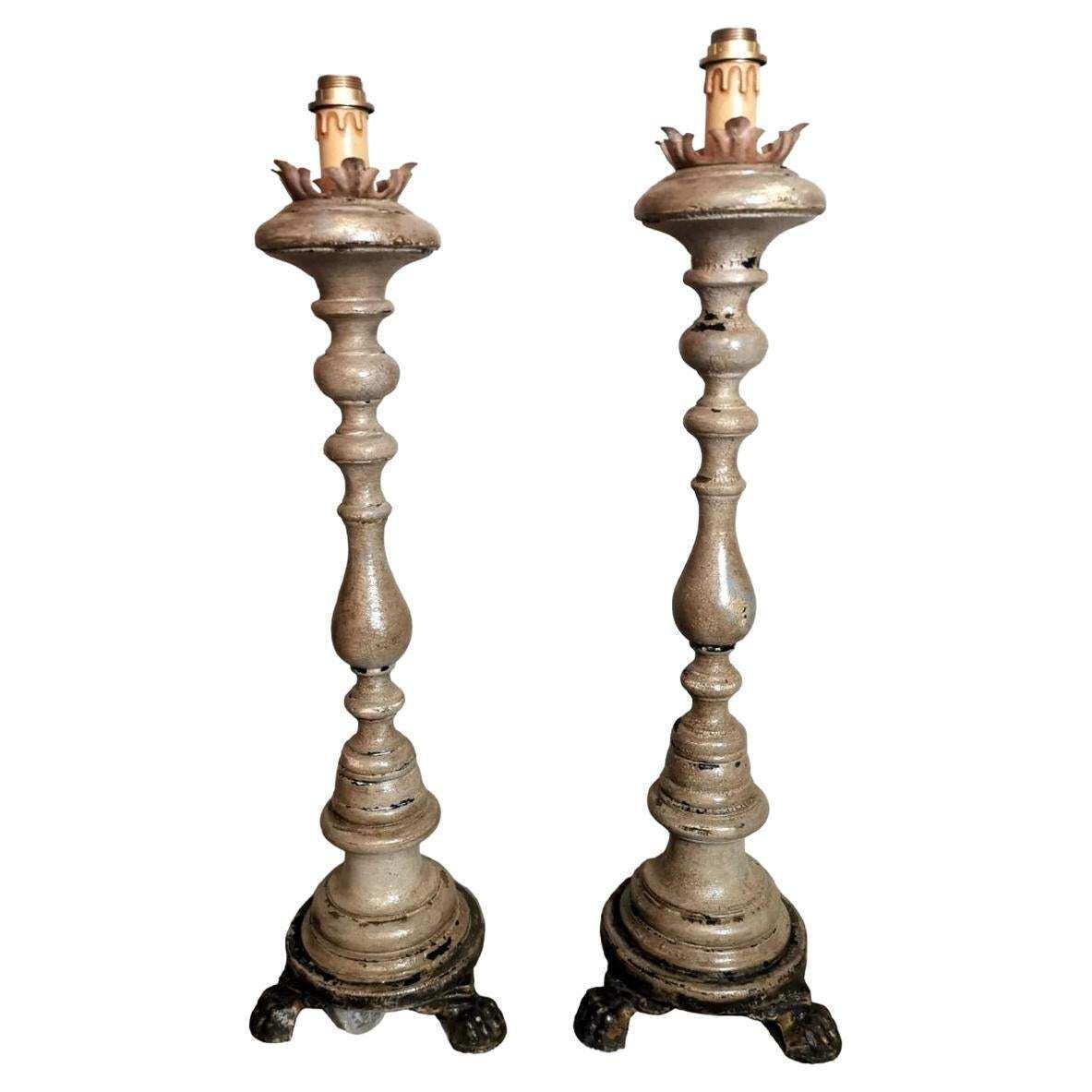 Italian Wooden Church Candlesticks In The Shape Of A Torch Holder