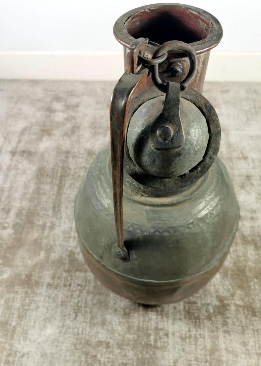 Antique Spanish Copper Jug With Lid All Hand Forged With A Beautiful Patina photo 549.0