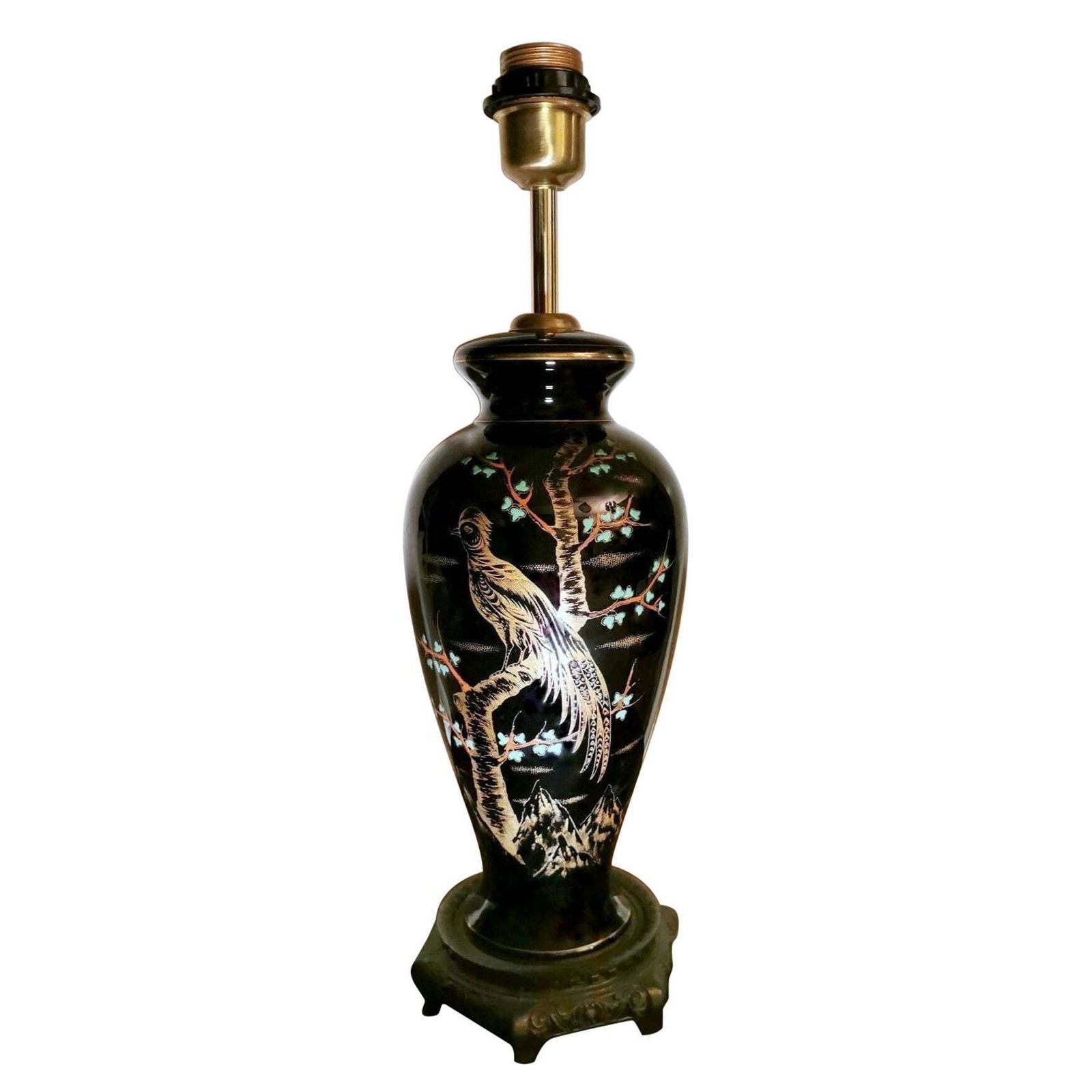 Porcelaine De Paris Rare French Lamp In Black Polished Porcelain Hand Painted