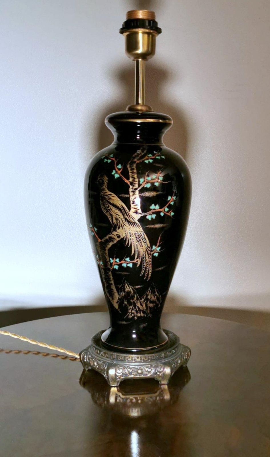 Porcelaine De Paris Rare French Lamp In Black Polished Porcelain Hand Painted photo for sale