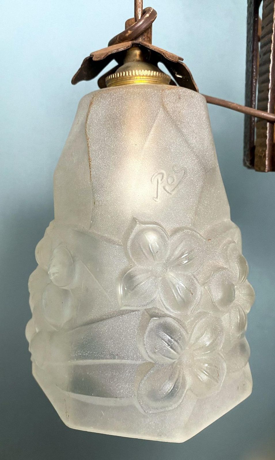 Lighting Art Nouveau French Wrought Iron And Opaline Glass Chandelier photo