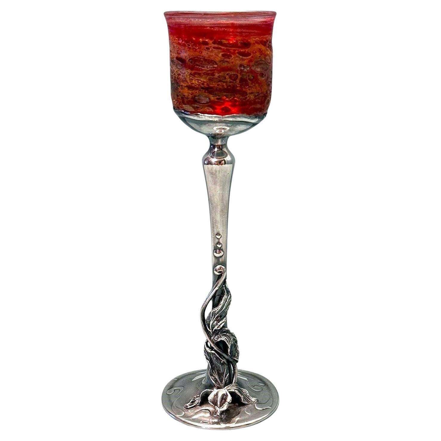 Murano "Pulegoso" Italian Glass Chalice With Art Nouveau Silver Stem
