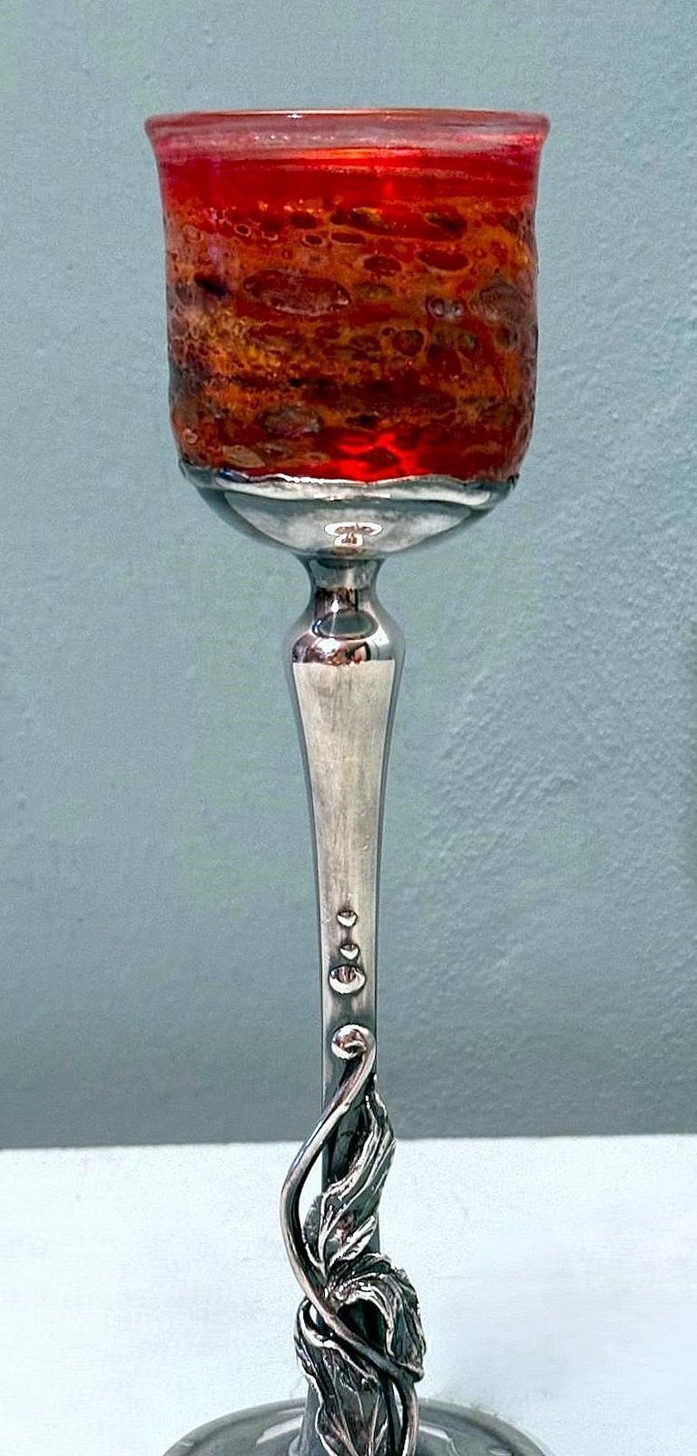 Murano "Pulegoso" Italian Glass Chalice With Art Nouveau Silver Stem photo for sale