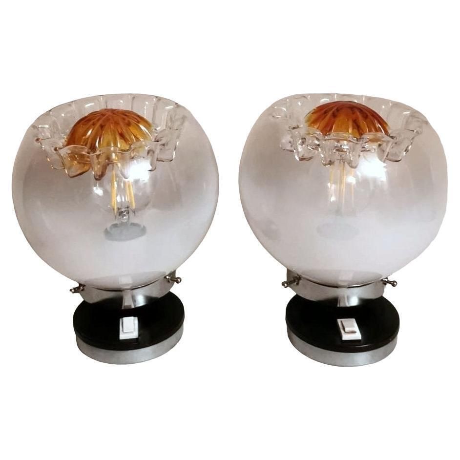 Mazzega Attibuted Pair Of Nickel Plated Metal And Murano Milk Glass Table Lamps