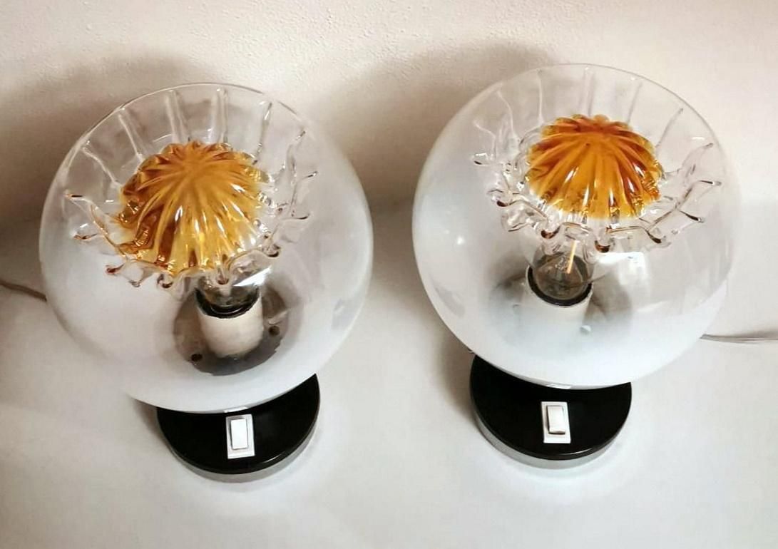 Mazzega Attibuted Pair Of Nickel Plated Metal And Murano Milk Glass Table Lamps photo Lighting