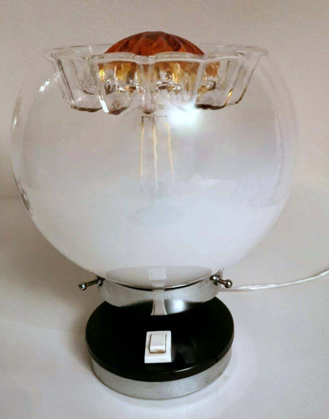 Mazzega Attibuted Pair Of Nickel Plated Metal And Murano Milk Glass Table Lamps photo buy