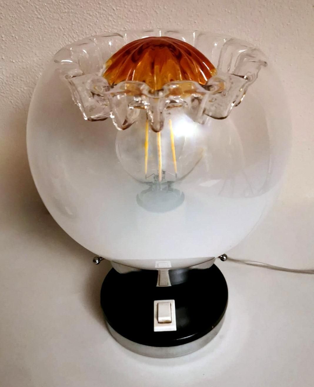 photo for sale Mazzega Attibuted Pair Of Nickel Plated Metal And Murano Milk Glass Table Lamps