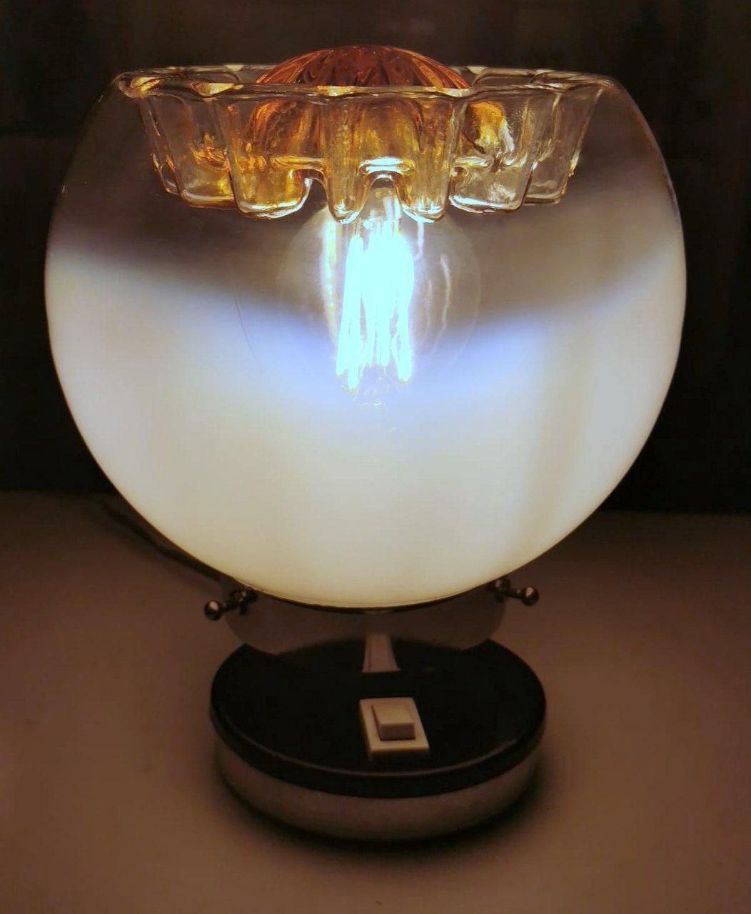 Lighting Mazzega Attibuted Pair Of Nickel Plated Metal And Murano Milk Glass Table Lamps photo