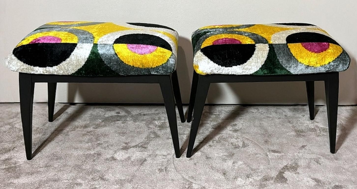 Mid Century Pair Of Italian Wood And Silk Velvet Ikat Benches photo Furniture